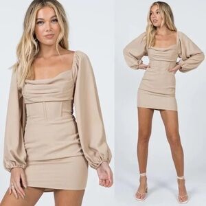 PRINCESS POLLY Lillie Tan Balloon Long Sleeve Corset Cowl Neck Mini Dress Size 2